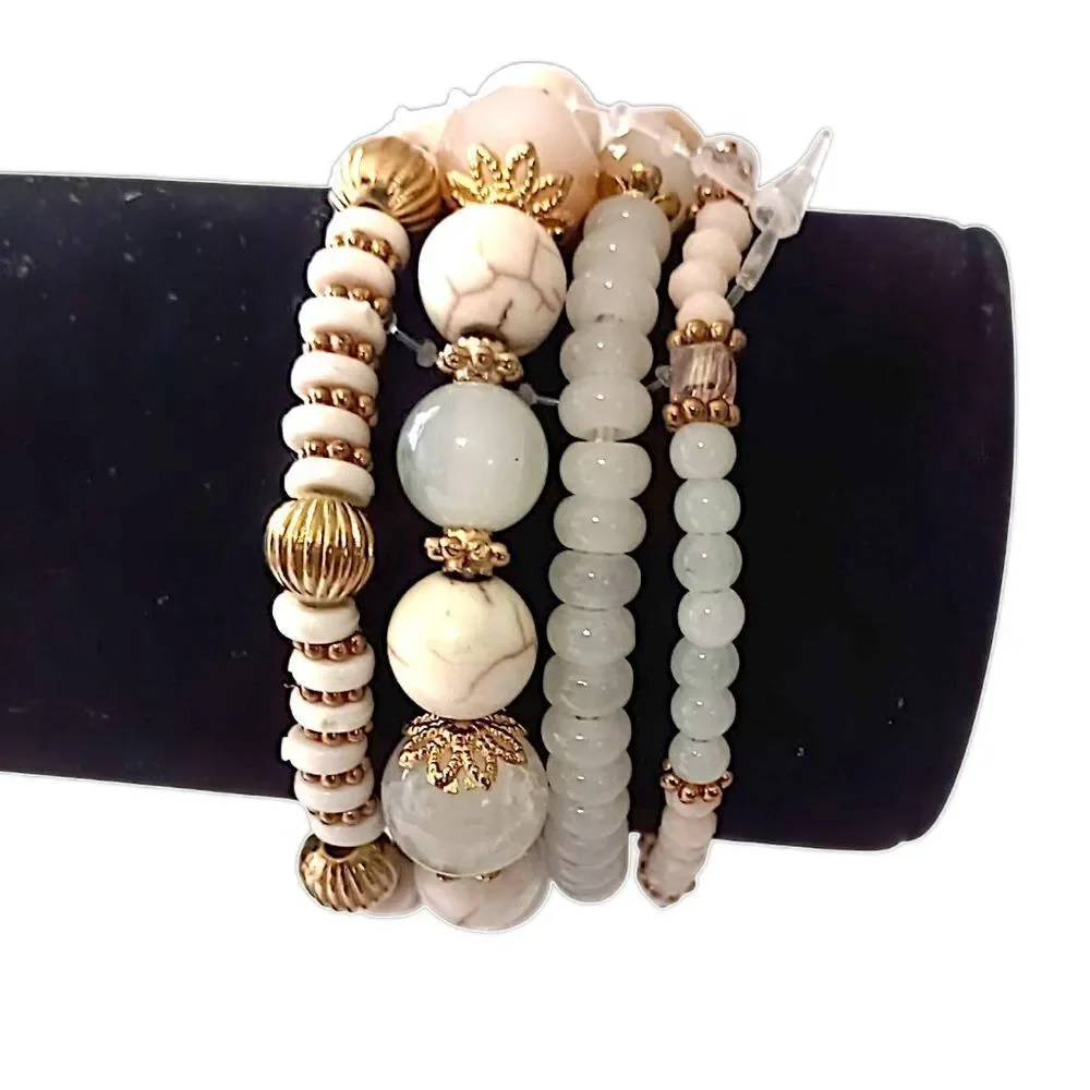 Glass Beaded Stacked Bracelet Rows Beads‎ Floral Neutrals Y2K Boho Fairy Indie